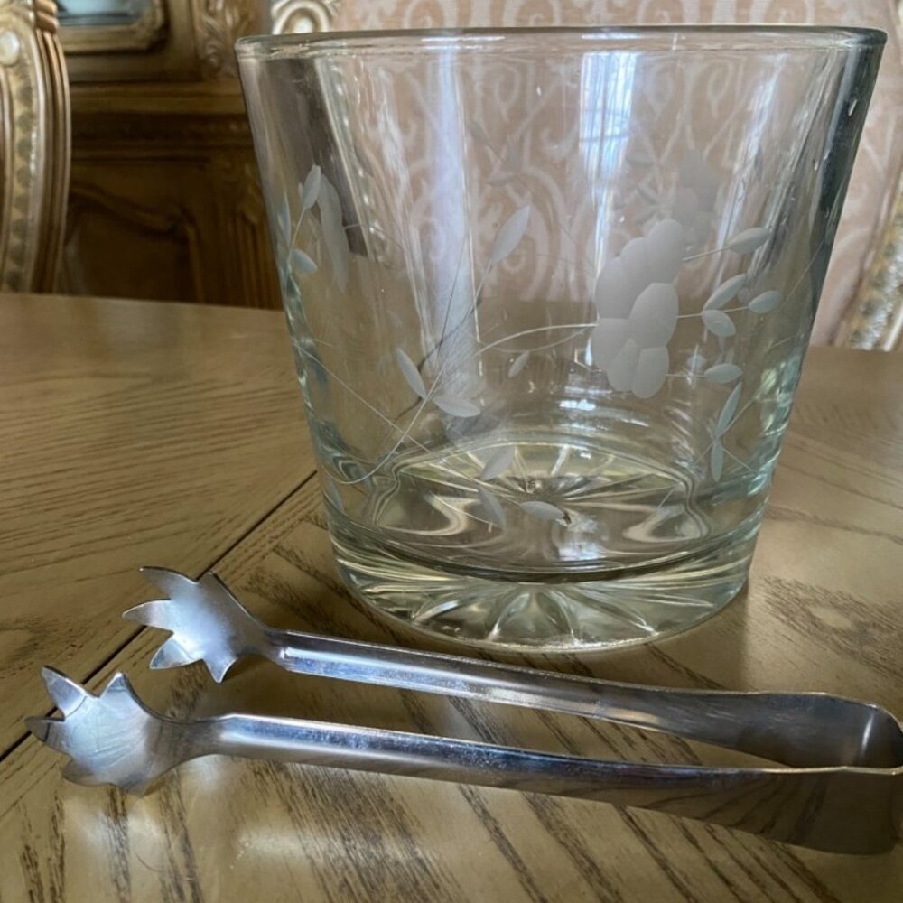 Ice Bucket + Tongs - Flower Etched Clear Glass Ice Bucket H5 3/4" x W6"  Heavy